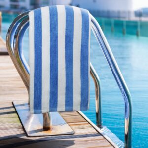 Economical Pool Towel Cabana, White Color with Blue Stripes, 1 Doz/Case